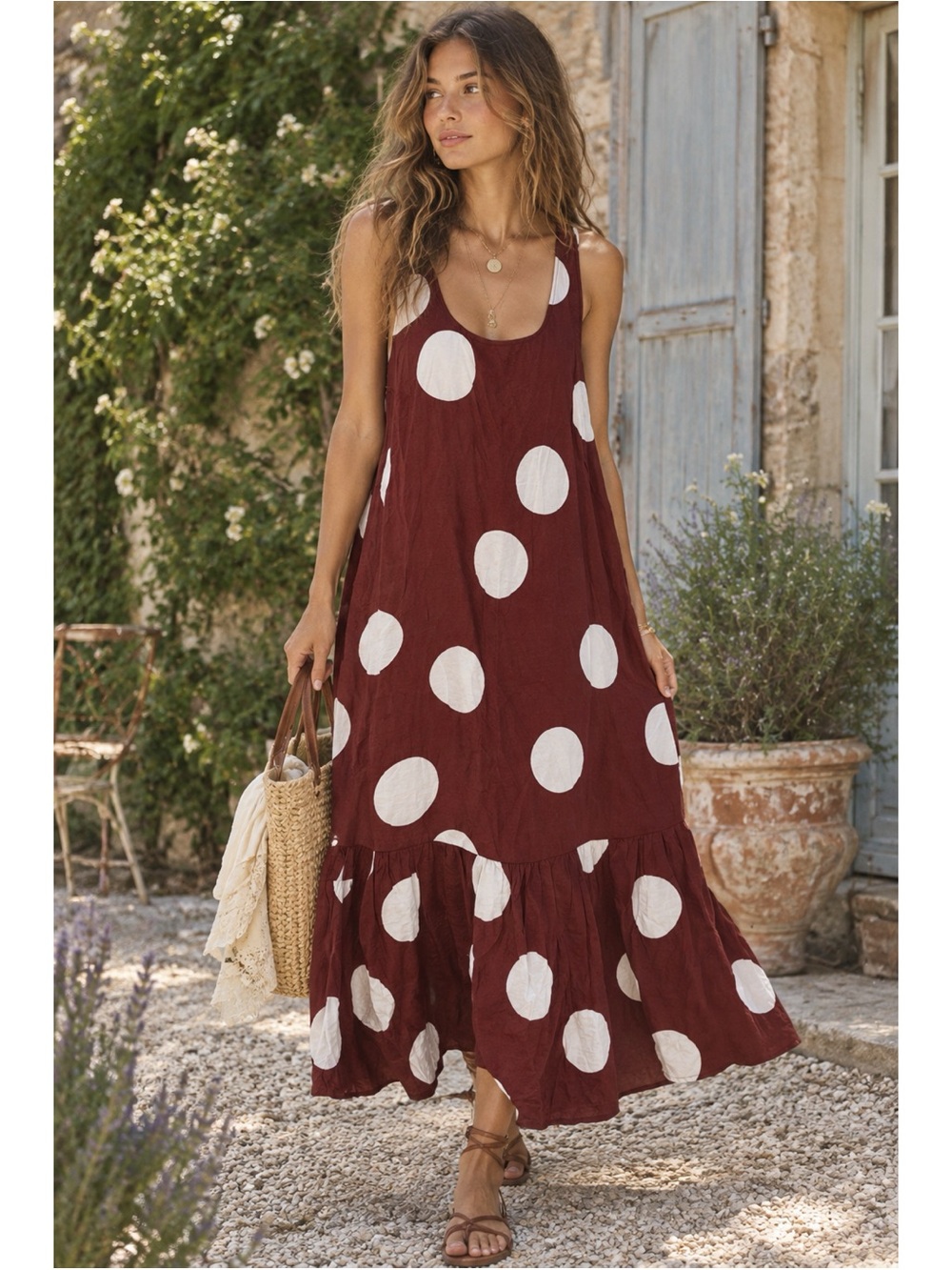 Anthropologie Michaela Flounced Polka Dot Midi Dress Brown Size Medium - Picture 10 of 10
